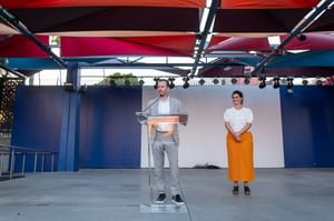 Guests converse and network at the Central City Association’s Elected Officials and Chiefs of Staff Reception at LA Plaza de Cultura y Artes in Downtown Los Angeles, engaging in conversation in a lively outdoor setting.
