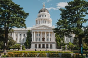 Daytime view of the California State Capitol in Sacramento. The building is centered in the scene, with a white dome rising above a rectangular structure. Tall cypress trees stand on both sides, framing the building and guiding the viewer’s attention toward it. The sky is bright, and the surrounding grounds appear open and well-kept, with the trees creating a natural border around the Capitol.